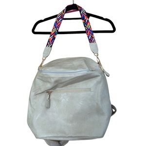 New Cream Faux Leather Back Pack, Vibrant Boho Print Removable Shoulder Strap